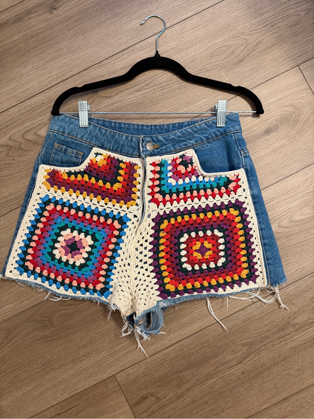 Farm Rio For Anthro Multicolor Crochet Patch High-Rise 100% Cotton Denim Shorts
